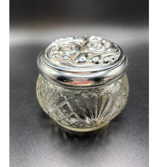 Vintage AVON Glass Vanity Jar with Ornate Silver Lid Vanity Decor 1960s/70s Era - Picture 2 of 6